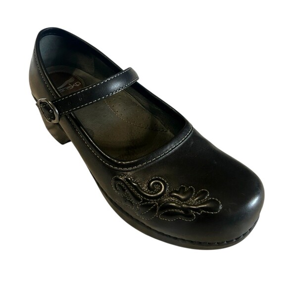 Dansko Savannah Comfort Clogs Shoes 40 Black Leather Mary Jane Floral Embossed - Picture 1 of 13